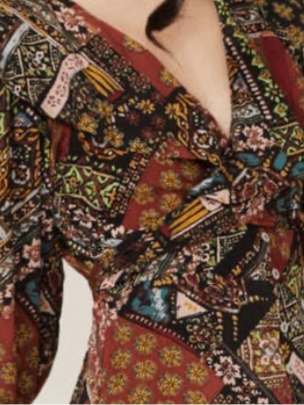 Boho Patchwork Print Tie-Front Top in Rust and Black